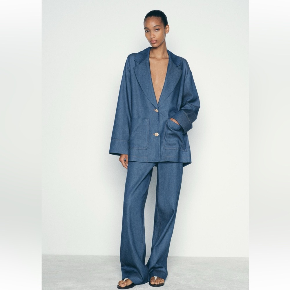 Denim effect Blue Oversized Women's Blazer - Picture 3 of 12